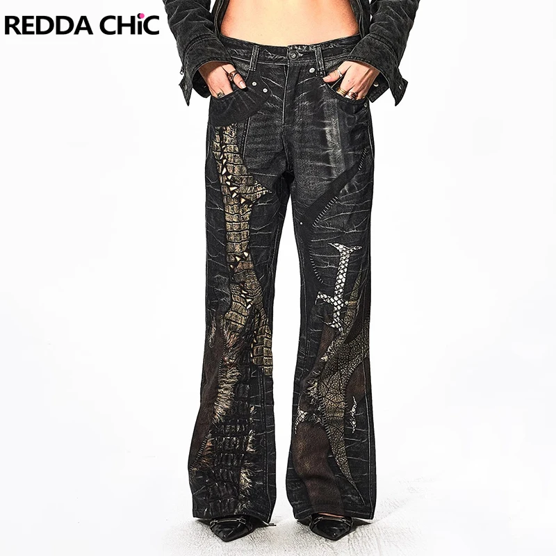 

REDDACHiC Snake Textured Black Jeans Women Trousers Y2k Digital Print Cross High Waist Straight Wide Leg Pants Grunge Streetwear
