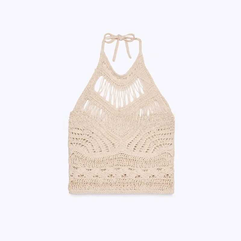 夏の女性のニットショートトップネクタイデザイン中空吊り襟バックレスカジュアルトップポリエステル繊維 00%