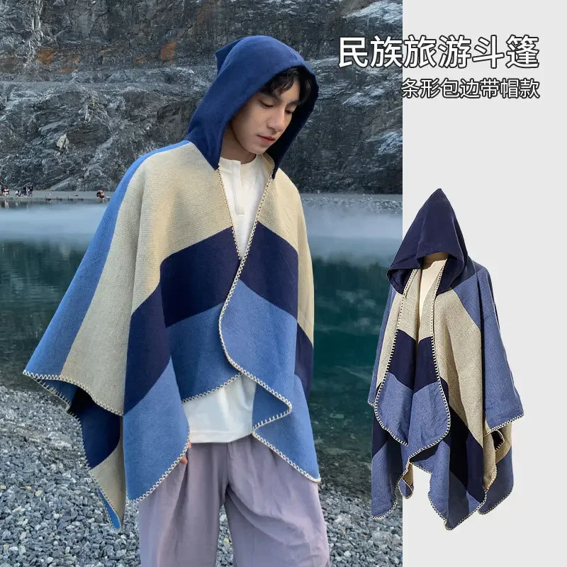 

2025 Vintage Men's Versatile Striped Hooded Scarf Cross-Border Imitation Wool Warm Thickened Manteau Mantle Open Shawl Towel
