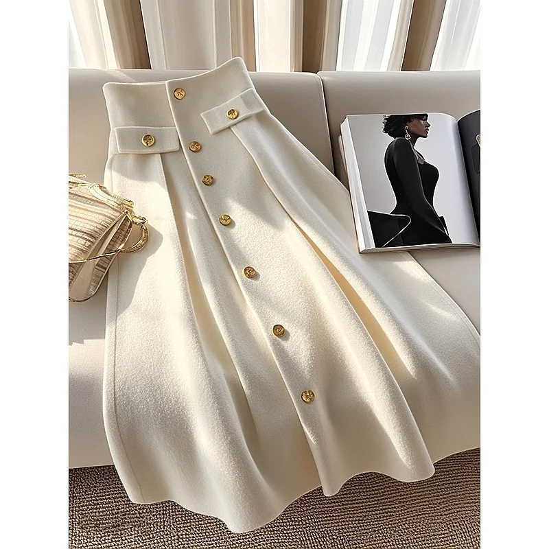 Fashionable Autumn Winter New Women Clothing A-line Skirt Ladies High Waist Buttons Fashion Corset Solid Color Elegant Skirts