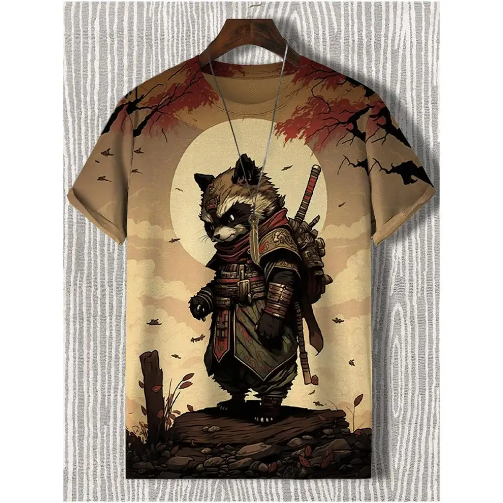 

Men's T-Shirt Japanese Style Samurai Cat Graphic 3D Printed T-Shirt Casual Short Sleeved Tee Outdoor Oversized Men Clothing Tops