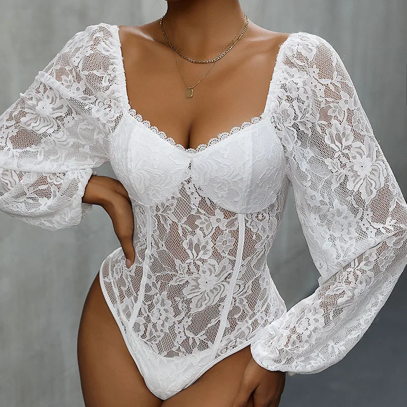 Women\'s Lace Sheer V Neck Long Sleeve T Shirts Tops Bodysuit Jumpsuit Bodycon Rompers Fall Clothes Clubwear Bodysuits 2024