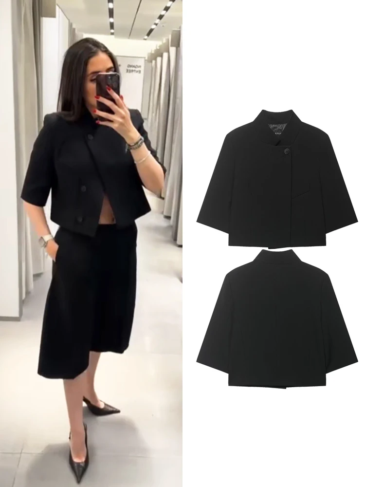 Dames Cropped Zwarte Blazer Lente Nieuwe Vrouwelijke Jassen Single-Breasted Mouwtops Dame Schoudervullingen Straat Bovenkleding Jas - afbeelding 2