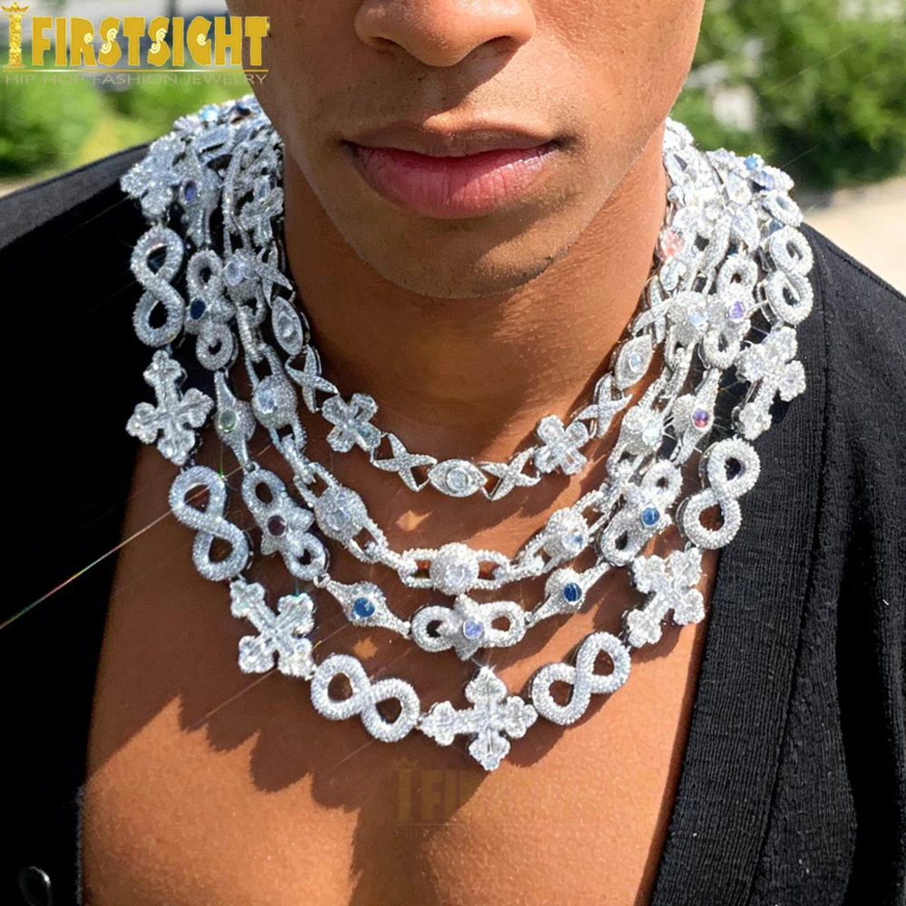 New Iced Out Cross Infinity Necklace for Men Women Prong Setting Cubic Zirconia Star Eye Cuban Link Chain Hip Hop Jewelry