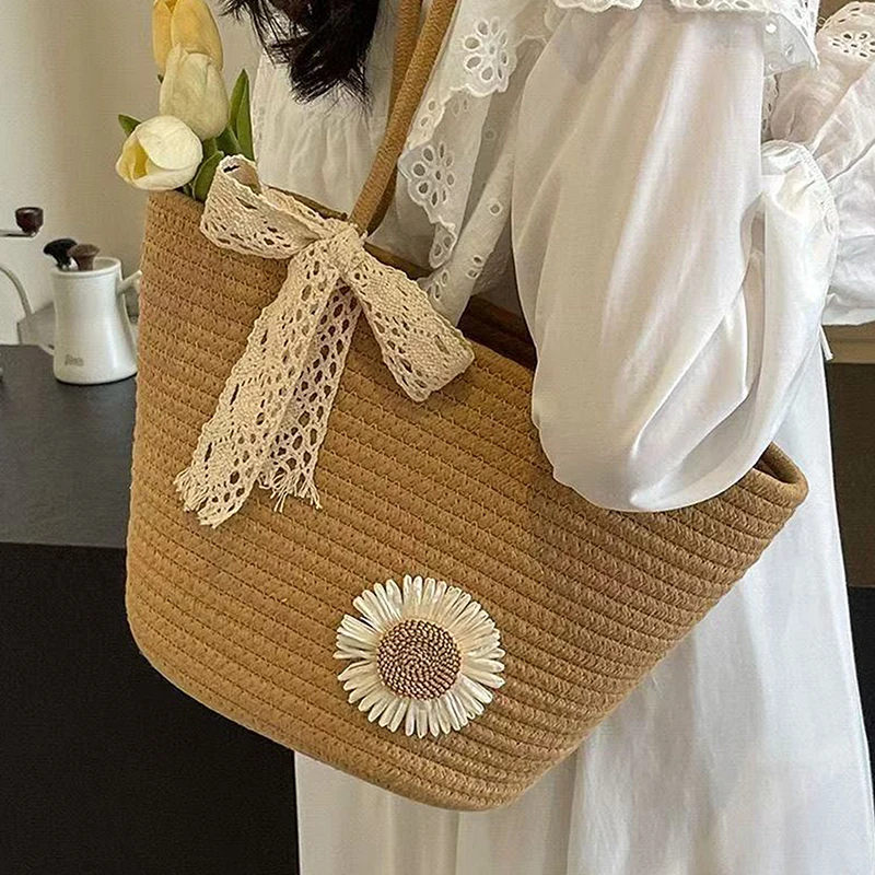 

Straw Shoulder Bag Women's Tote Bag Lace Handbag Solid Color Bucket Opening Travel Crossbody Bag Summer Travel Bag