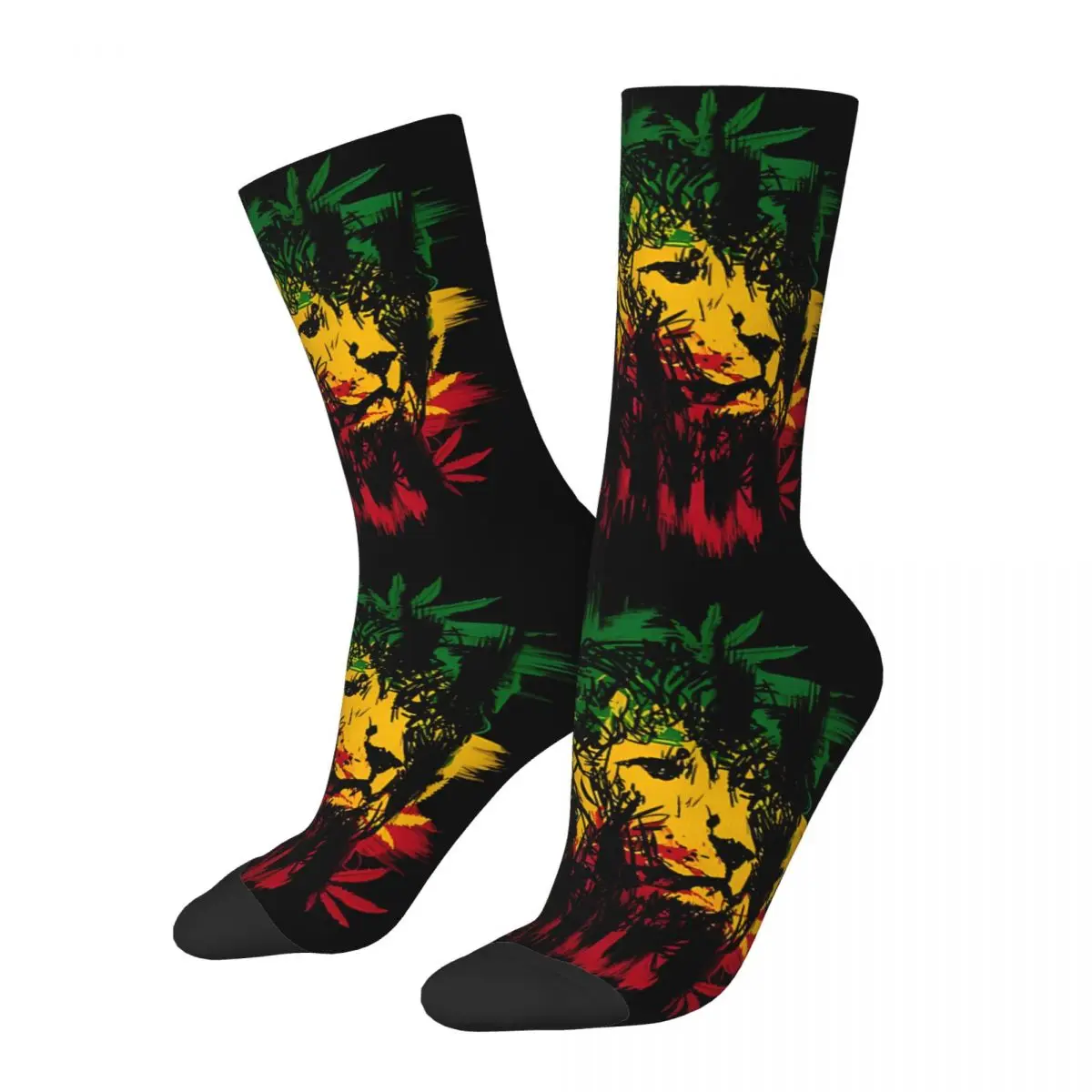Meias jamaicanas estilo rua retro leão rasta jamaicano para homens, Crazy Crew Sock, Padrão engraçado do presente impresso