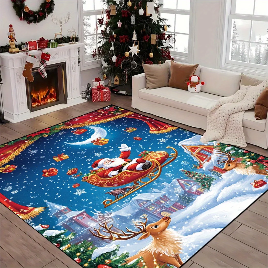 1pc Santa Reindeer Snowflake Pattern Area Rug, Non Slip, Ideal Holiday Home Decor, Perfect for Living Room Bedroom Bathroom
