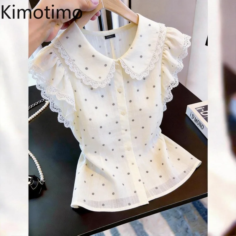 Kimotimo Cute Polka Dot Patchwork Lace Flying Sleeve Shirt Women Summer Peter Pan Collar Button Slim Fit Crop Top Simple Blouse