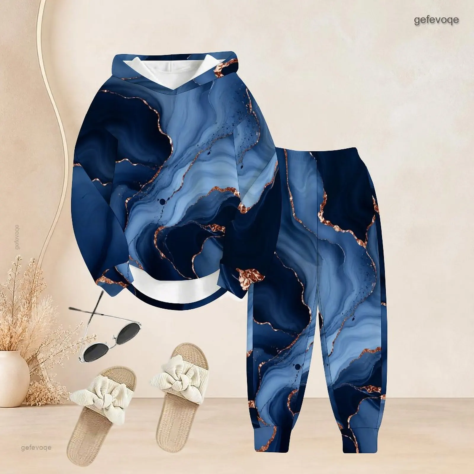 Blue Marble Gold Swirl Printed Long Sleeve Hooded Top and Cuffed Pants Two Piece Set