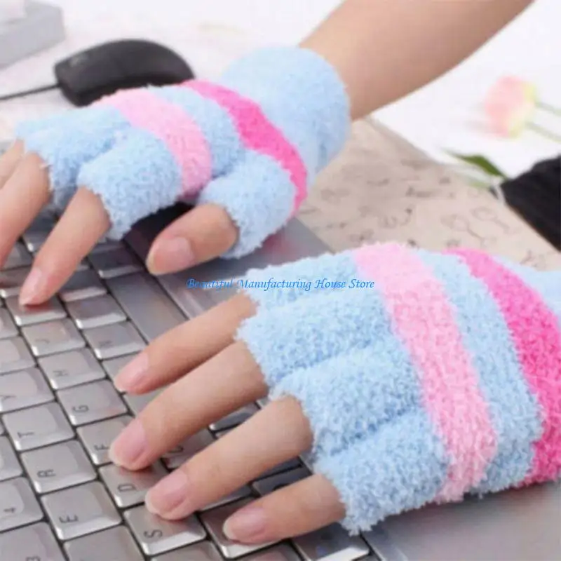 

E56A Unisex Winter USB Heated Fingerless Gloves Fuzzy Plush Striped Electric Heating Half Finger Mittens Thermal Hand Warmer