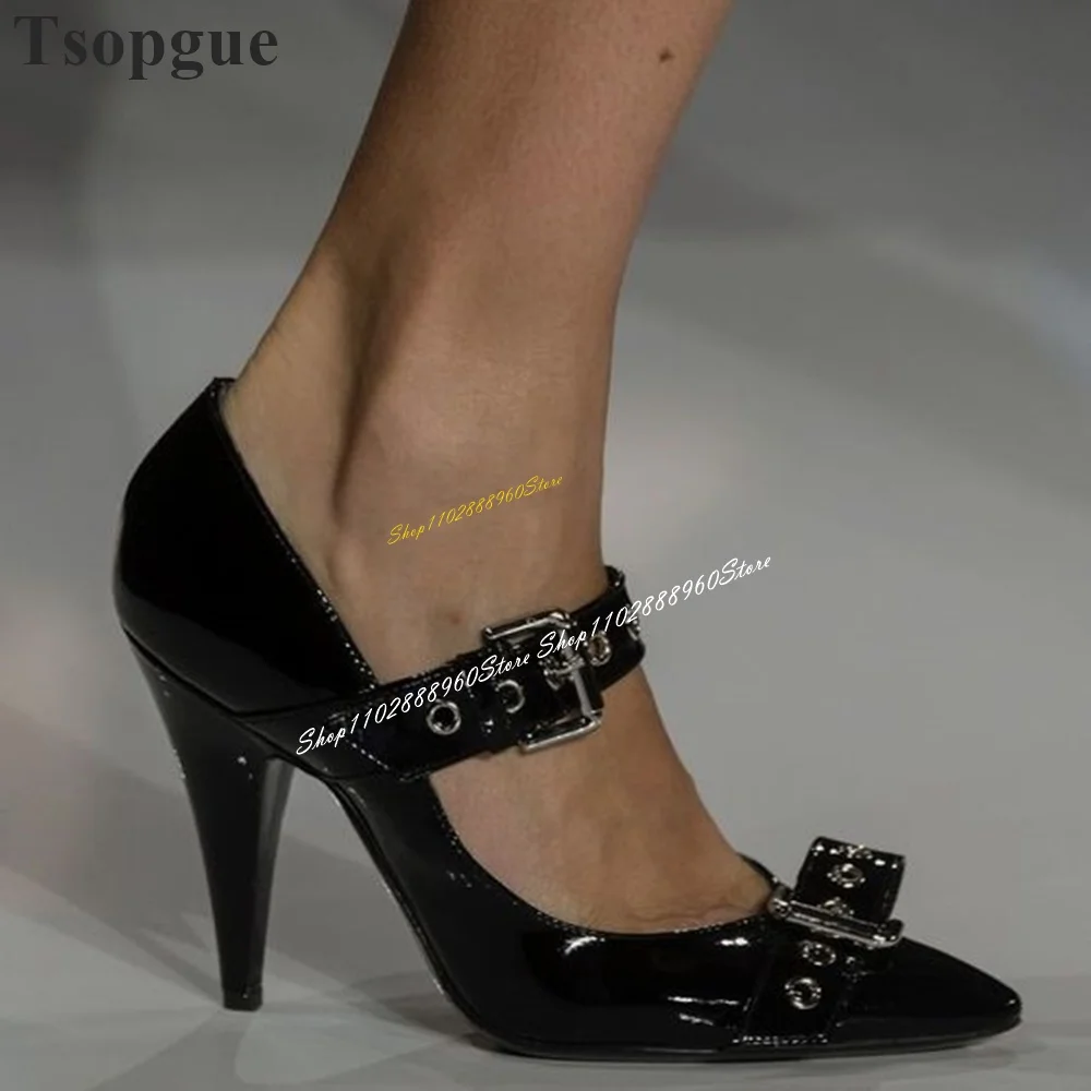 

Trendy Black Belt Buckle Strap Decoration Pumps Spike High Heel Women Shoes Pointed Toe 2024 Fashionable Zapatos Para Mujere