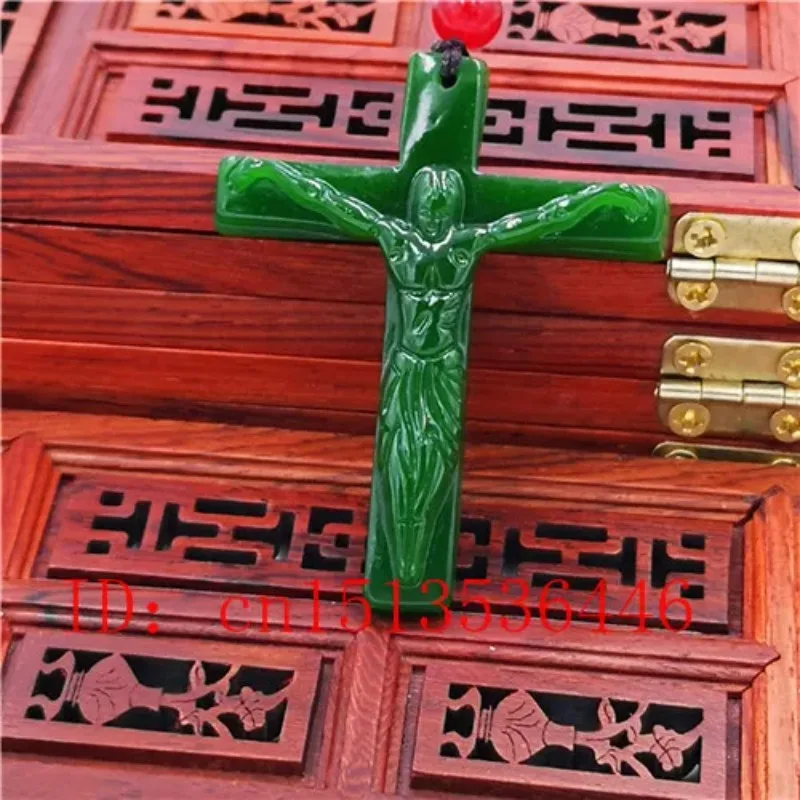 

Cross Jesus Carved Jade Pendant Natural Chinese Green Necklace Charm Jadeite Jewellery Fashion Lucky Amulet Gifts for Women N02