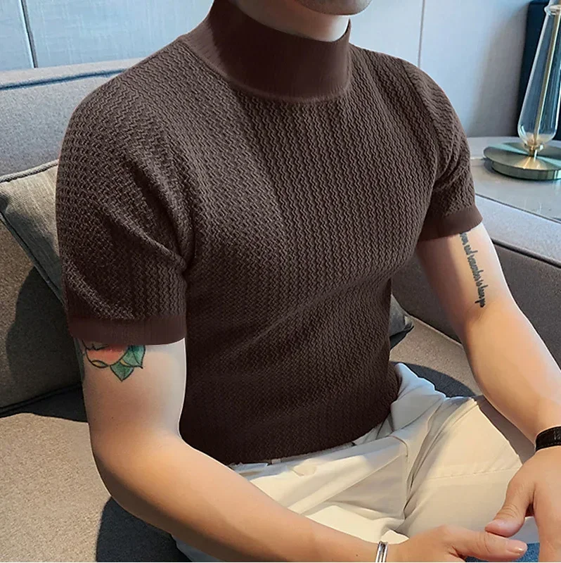 

Summer new casual simple knitted base shirt European and American men's high neck water ripple solid color T-shirt