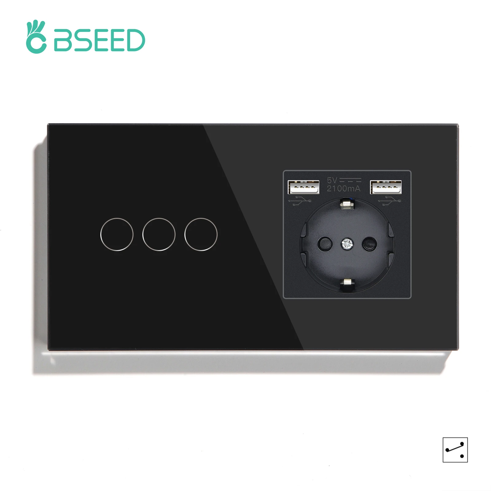 BSEED EU-Standard 1/2/3 Gang 2-Wege-Wand-Touch-Schalter Lichtsensor-Schalter Steckdose USB Typ-C Kristallglasscheibe 240 V Schwarz