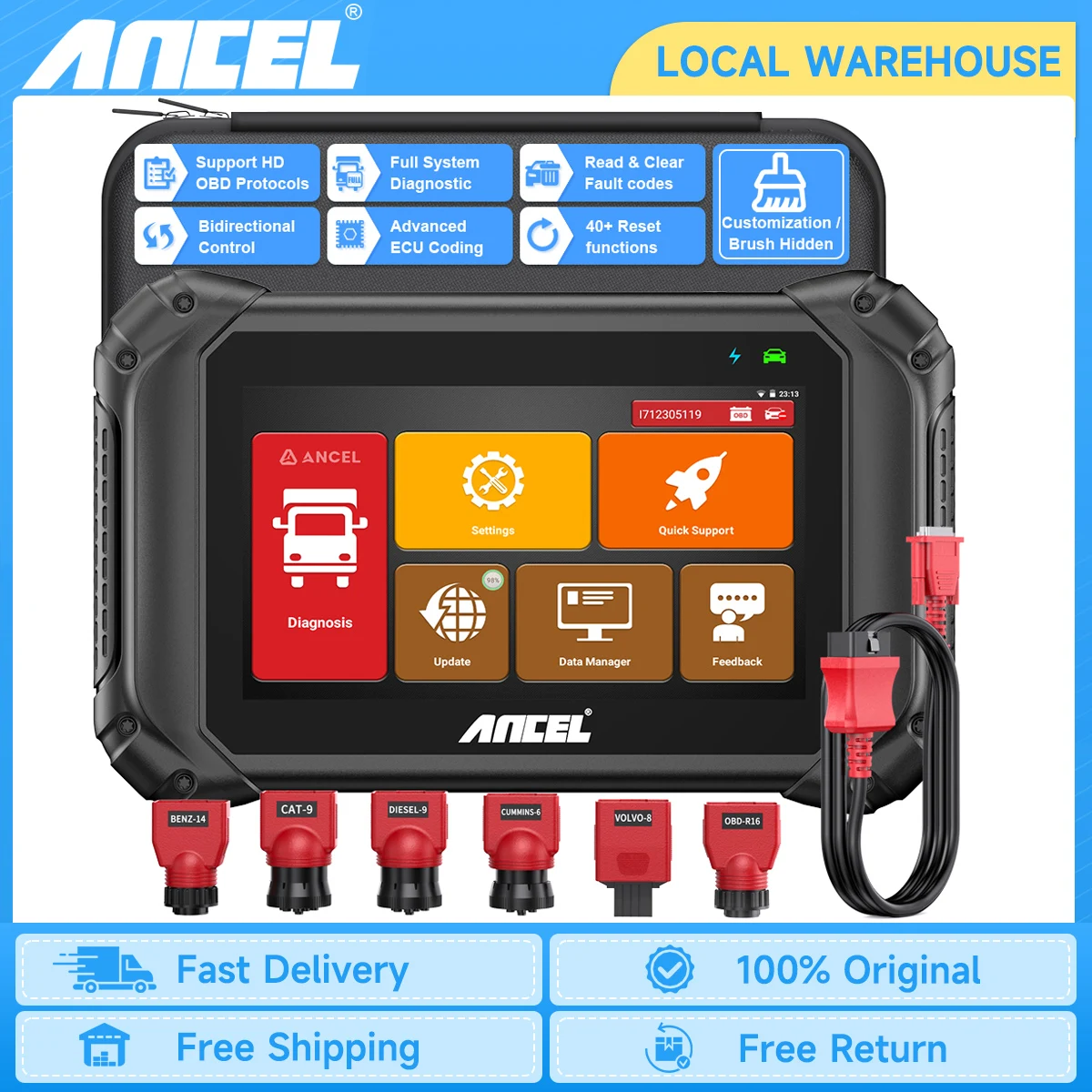 ANCEL V5 HD Heavy Duty Truck Diagnostic Tools All System ECU Coding BI-Directional Commercial Vehicle OBD2 Truck Scanner