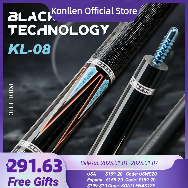 KONLLEN Carbon Fiber Pool Cue Stick KL-08 Low Deflection shaft professional billiard cue stick with free cases