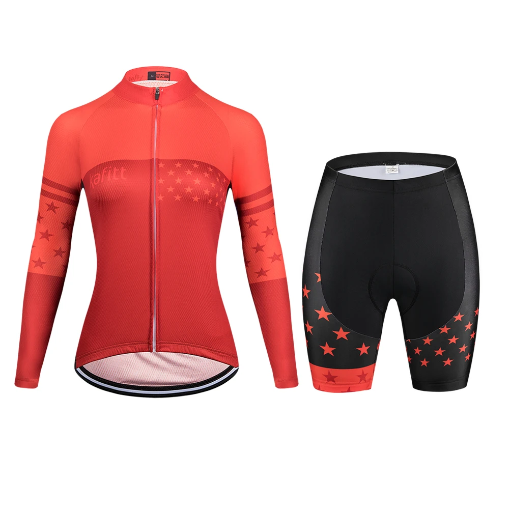 

2023Kafitt Red Women‘s Long Sleeve Cycling Jersey Bib Sets Quick-drying Go Pro Macacao Feminino Breathable 20D Gel Pad Summer