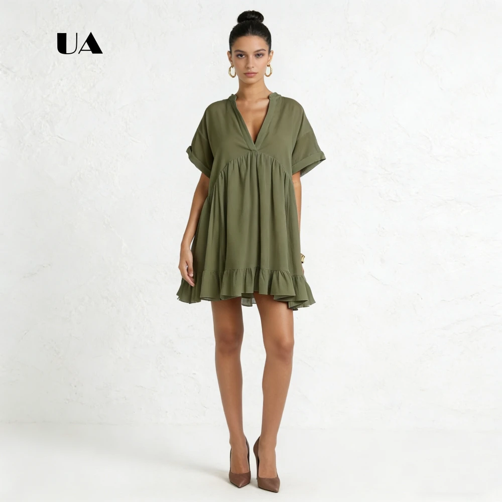 ULBYANRY Chiffon Loose Mini Dress with Ruffled Hem, Solid V-neck Draped Evening Dress for Woman, Cut Out Customized Party Gown