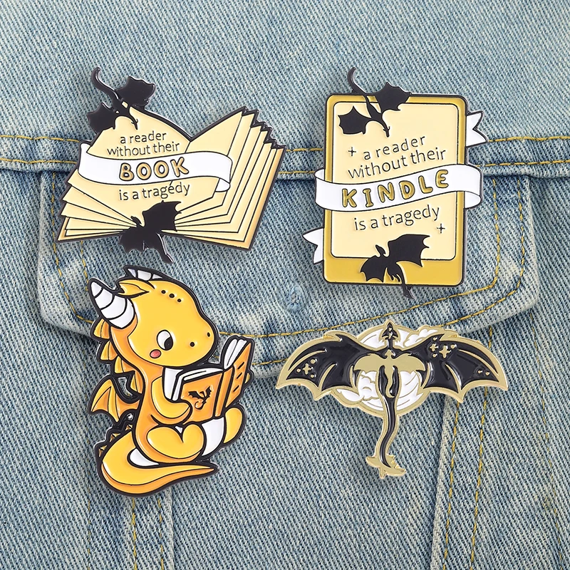 Fantasy Book Lover Enamel Pins Cartoon Reading Quote Brooches E-book Reader Lapel Badges Flying Dragon Jewelry Gift