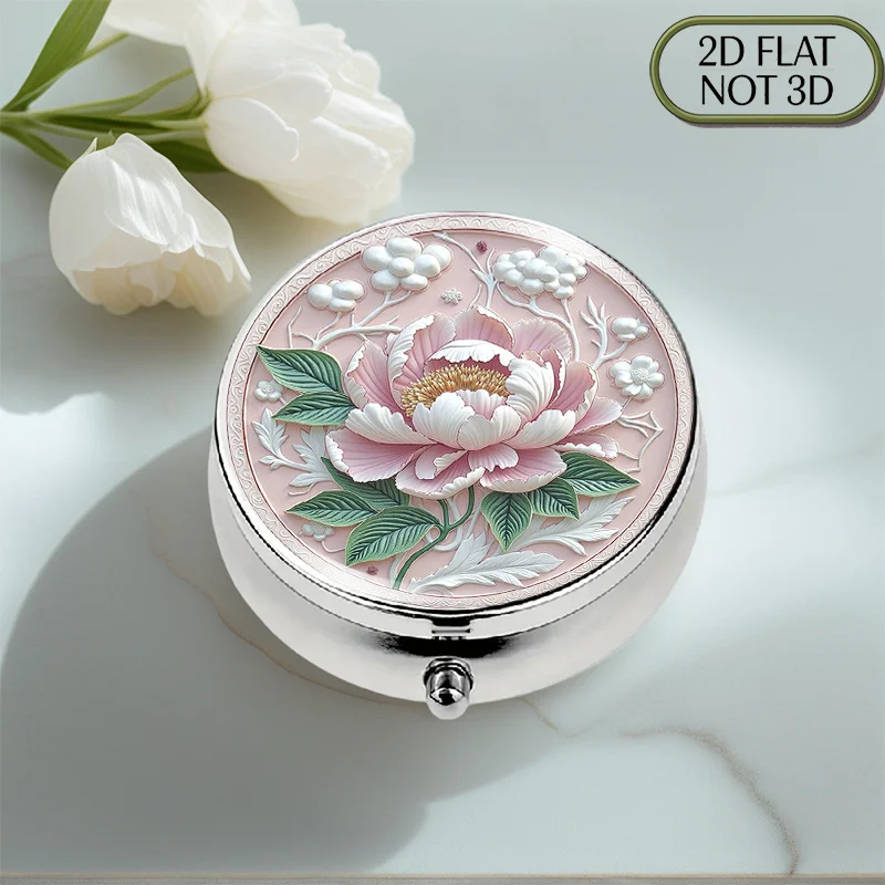 (Flat) 1pc food-grade portable round metal pill box, beautifully decorated with floral designs, suitable for travel and as a gift, with compartments to help you conveniently store pills, ideal for giving to friends and family.