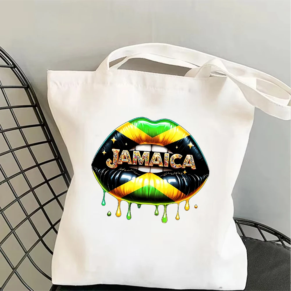 Jamaica Flag Lips Canvas Tote Bag Caribbean Style Shoulder Bag