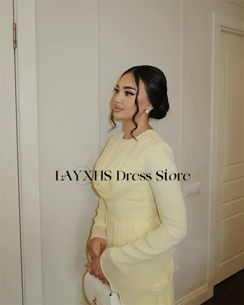 LAYXHS สีเหลืองเรียบง่าย O-คอชุดราตรี A-Line แขนยาวจีบผู้หญิงชุดราตรีที่กําหนดเอง FBسات