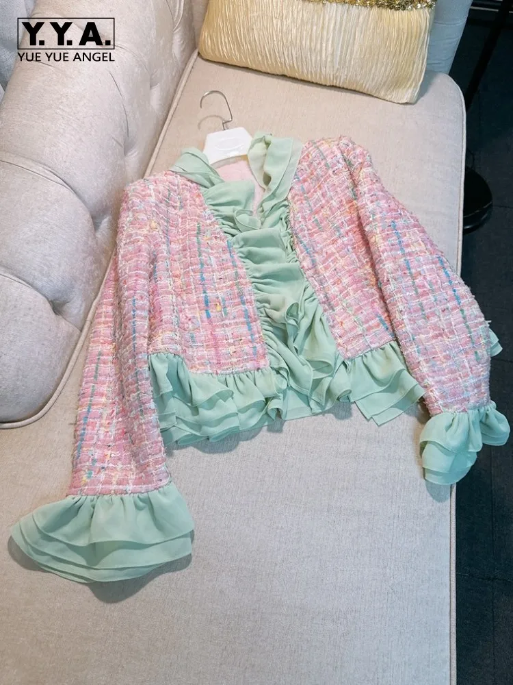 

Winter New Pink Office Lady Tweed Jacket Spliced Ruffles Collar Jackets Plaid Open Stitch Outerwear Flare Sleeve Slim Fit Coat