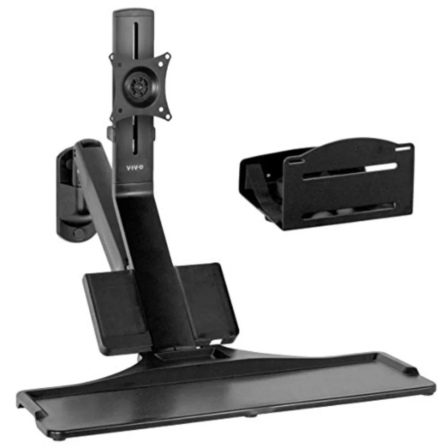 Single monitor and keyboard wall mount for ergonomic sit-stand transition; black steel construction; smooth counterbalance mech