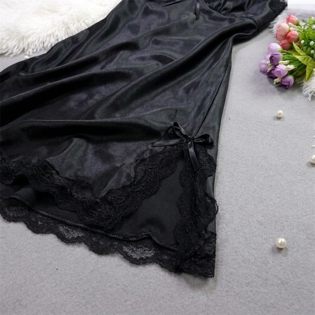 Lace Bow Women's Pajama Dress Split Thin Ice Silk Suspender Nightdress Sleepwear Party Dress Slim Sling Nightgown Spicy Girl