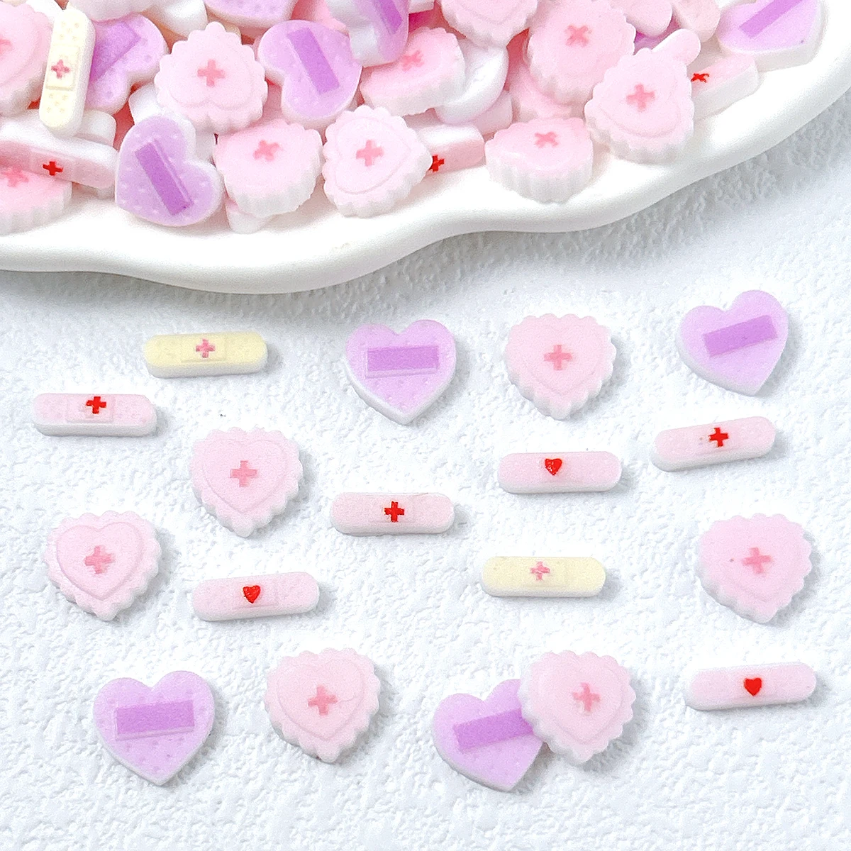 30PCS Creative Simulated Heart Cross Bandages Resin Nail Charms Minimalist Light Colors Series Absorbent Nail Art Decoration DIY
