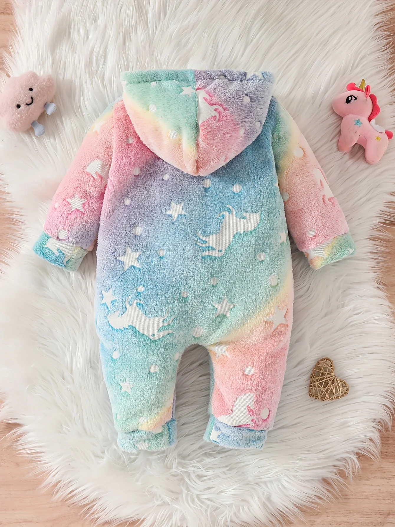 Baby children\'s fall and winter furry thermal crawl suit baby rainbow unicorn pattern plush hoodie