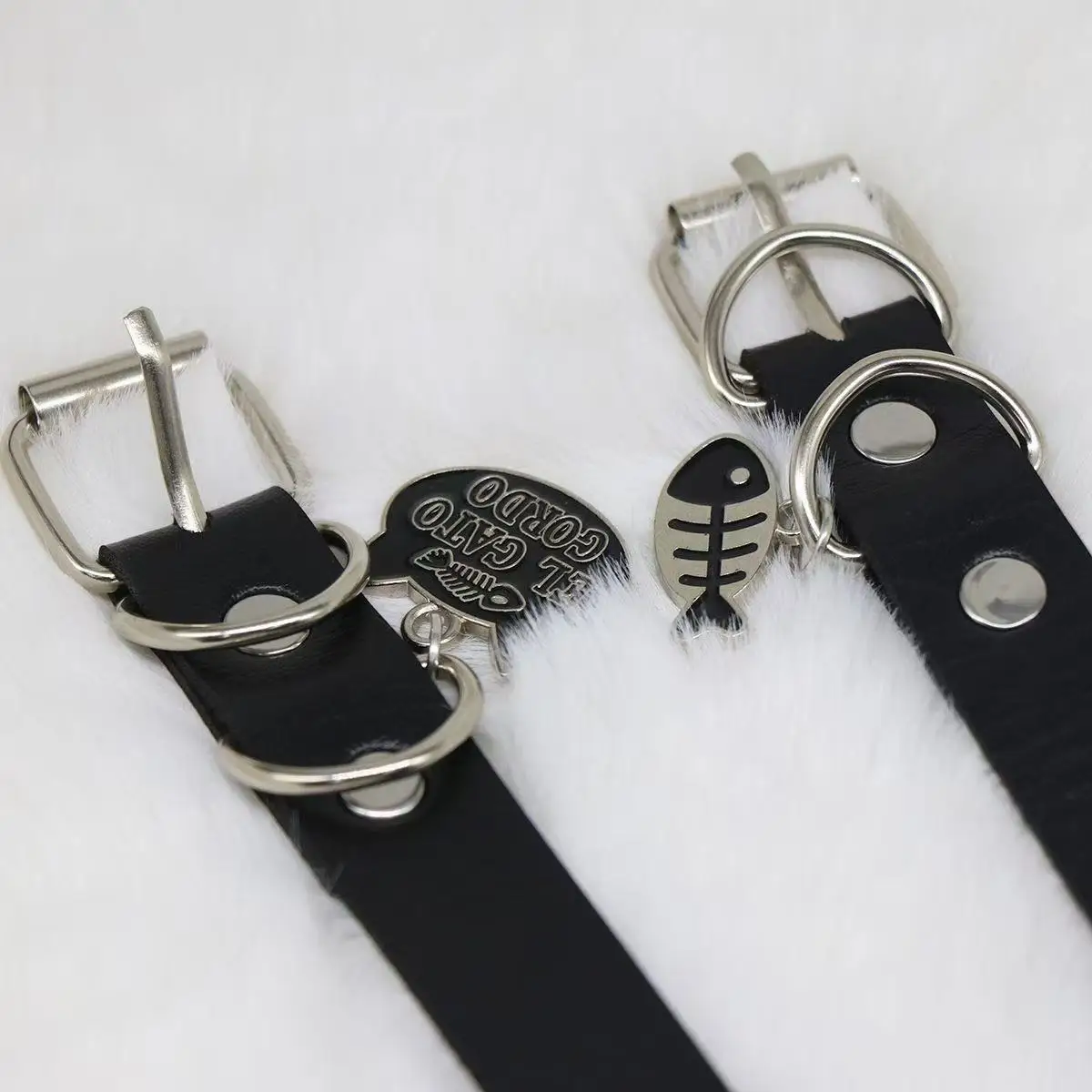 Punk Y2K Subculture Fish Bone Cat Choker Necklace Black Leather Collar Neck Pendant Hot Girl Cosplay Clavicle Chain Necklace
