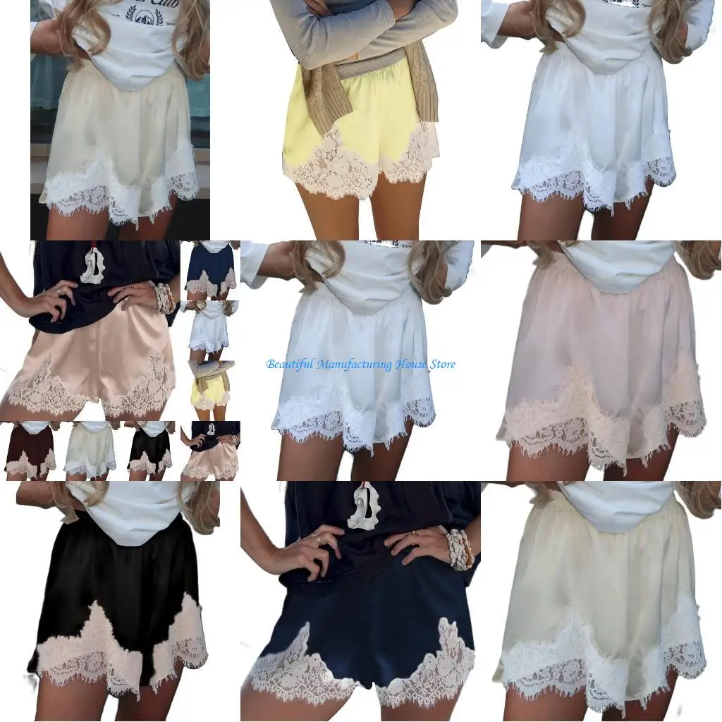 

E56A Women Satin Silk Lace Shorts Low Rise Micro Mini Shorts Lounge Half Slip Pj Bottoms French Knickers