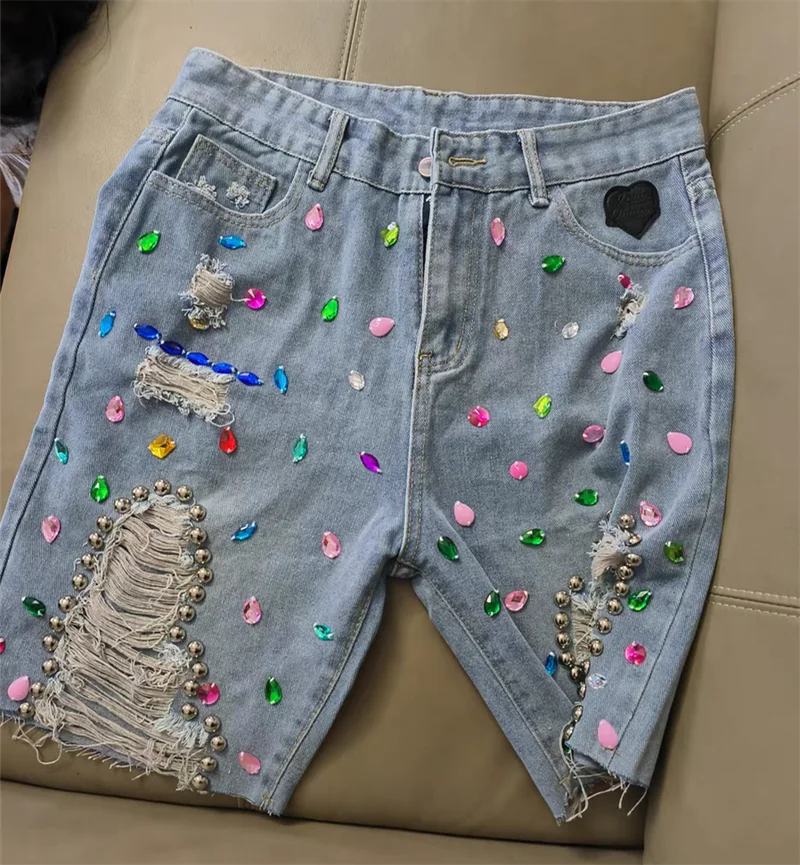 

Women Jeans 2025 Spring Summer New Fashion High Waist Slim Knee Length Straight jeans Casual Hole Pants Inlaid diamond