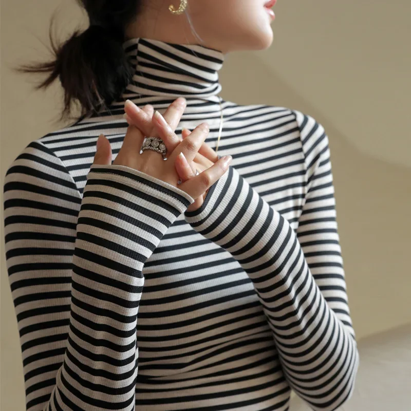 

Knitted Thickened Cotton Threaded Striped Turtleneck Bottoming Shirt Women's Autumn Slim Inside The Long Sleeved Tight Tops