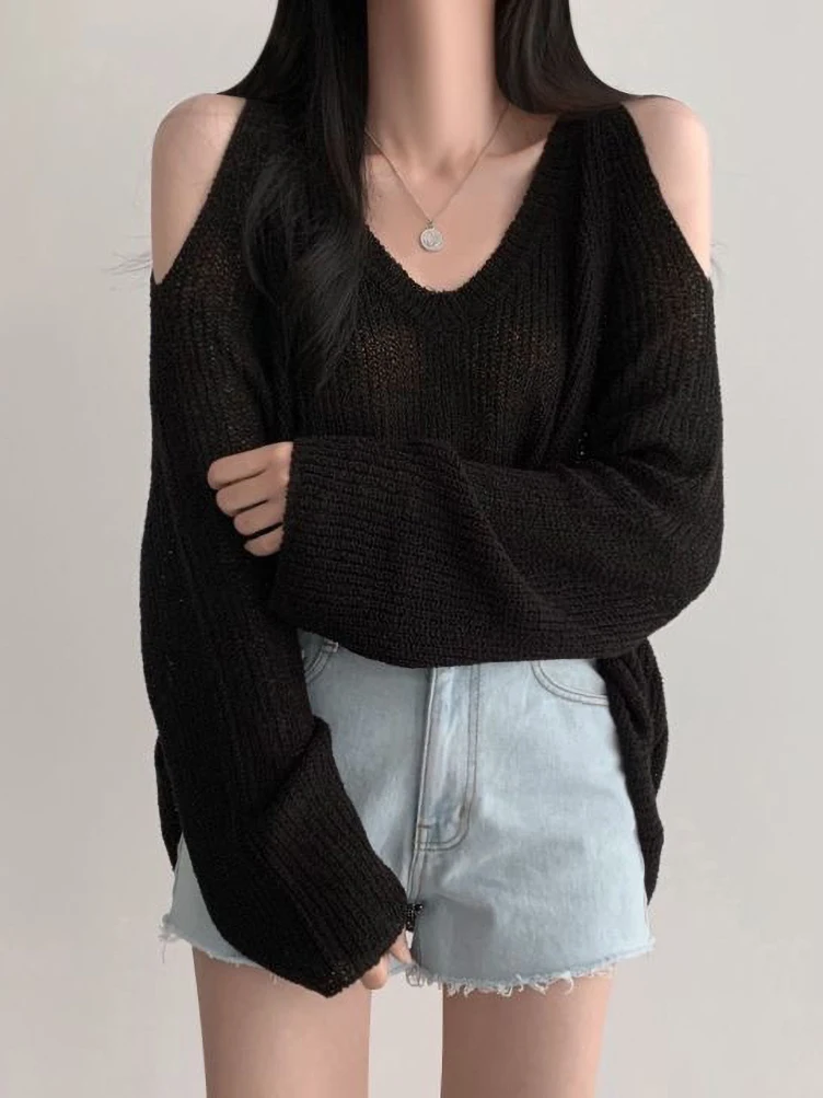 Korean Dongdaemun Off Shoulder Long Sleeve Sweater V-Neck Oversize Pullover Elegant Youth Sexy Knitwear 2024