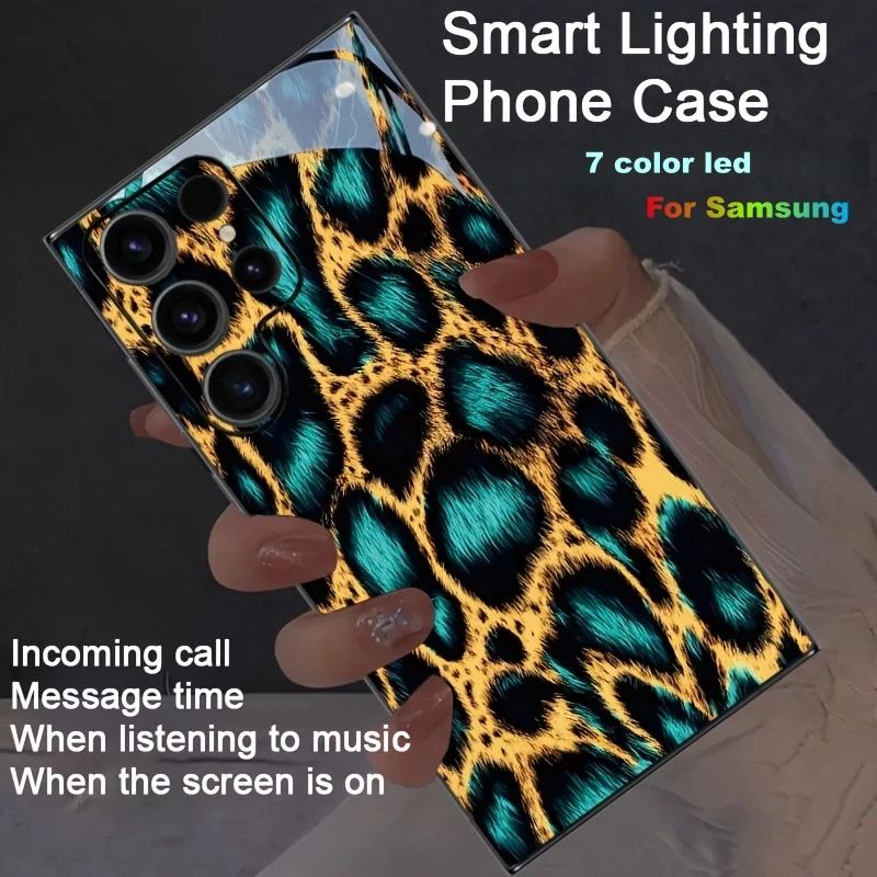 

Brown Wild Leopard Print LED Flash Phone Case For Samsung S24 S22 S23 Plus S25 FE S26 Ultra Sound Control Luminous Phone Cover