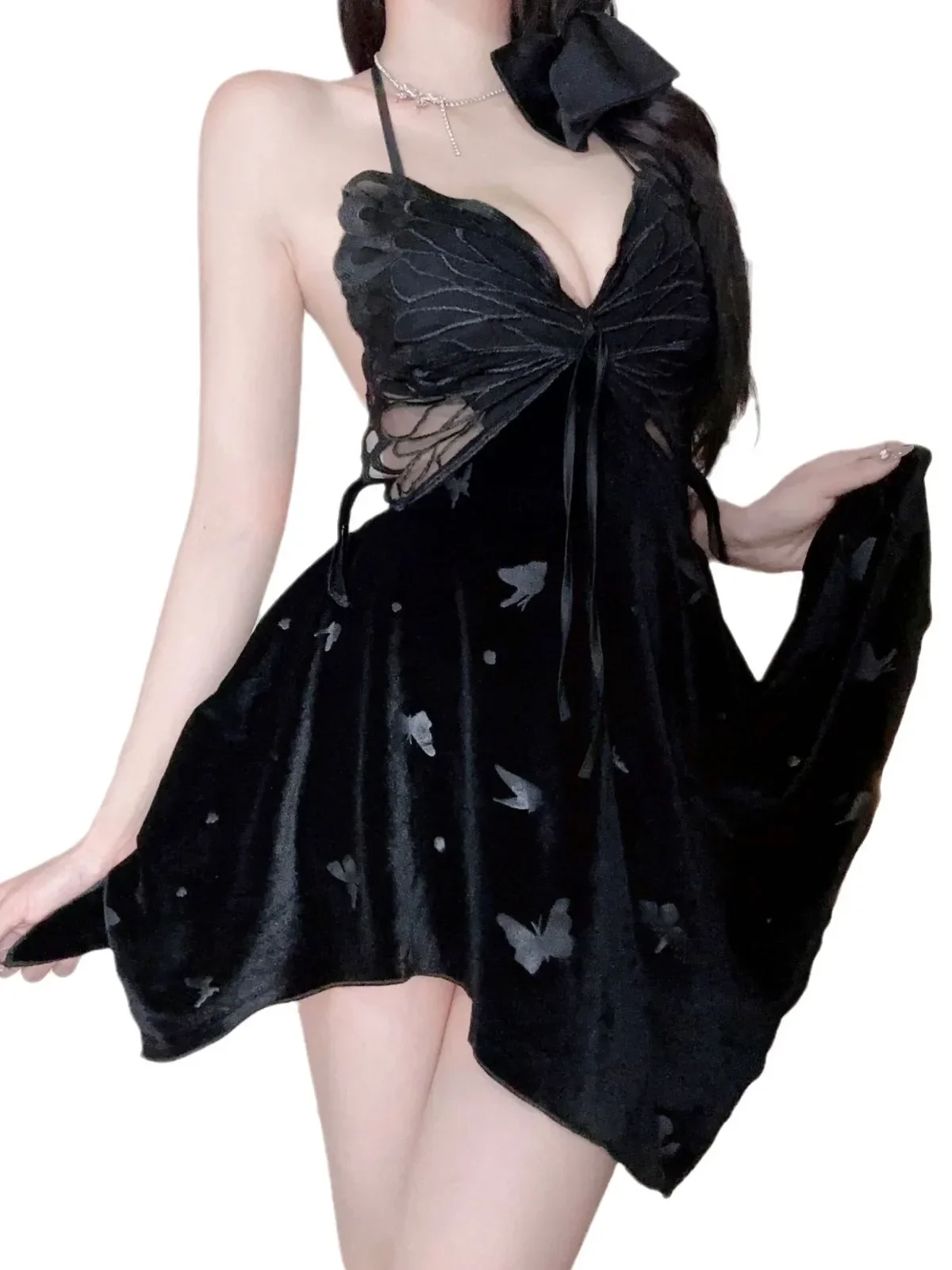 Purple Sweet Mini Dress Tank V Neck Cute Girl Lace Tops Butterfly Lace Transparent Chest Pads Velvet Printed Dress Elegant