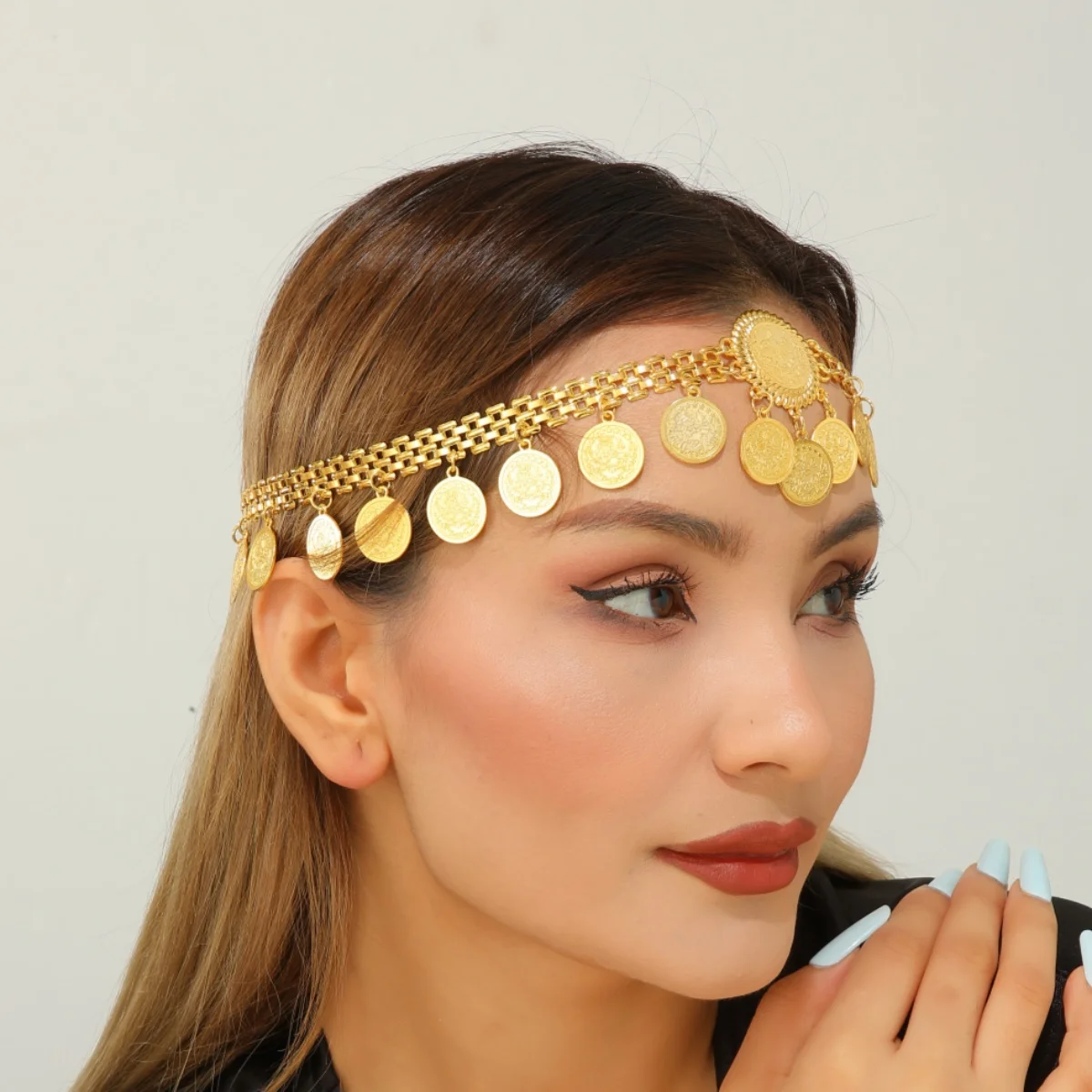 Kurdish Headpiece Jewelry Arabic Golded Alloy Coin Tassel Head Chain For Women Wedding Head Decorations