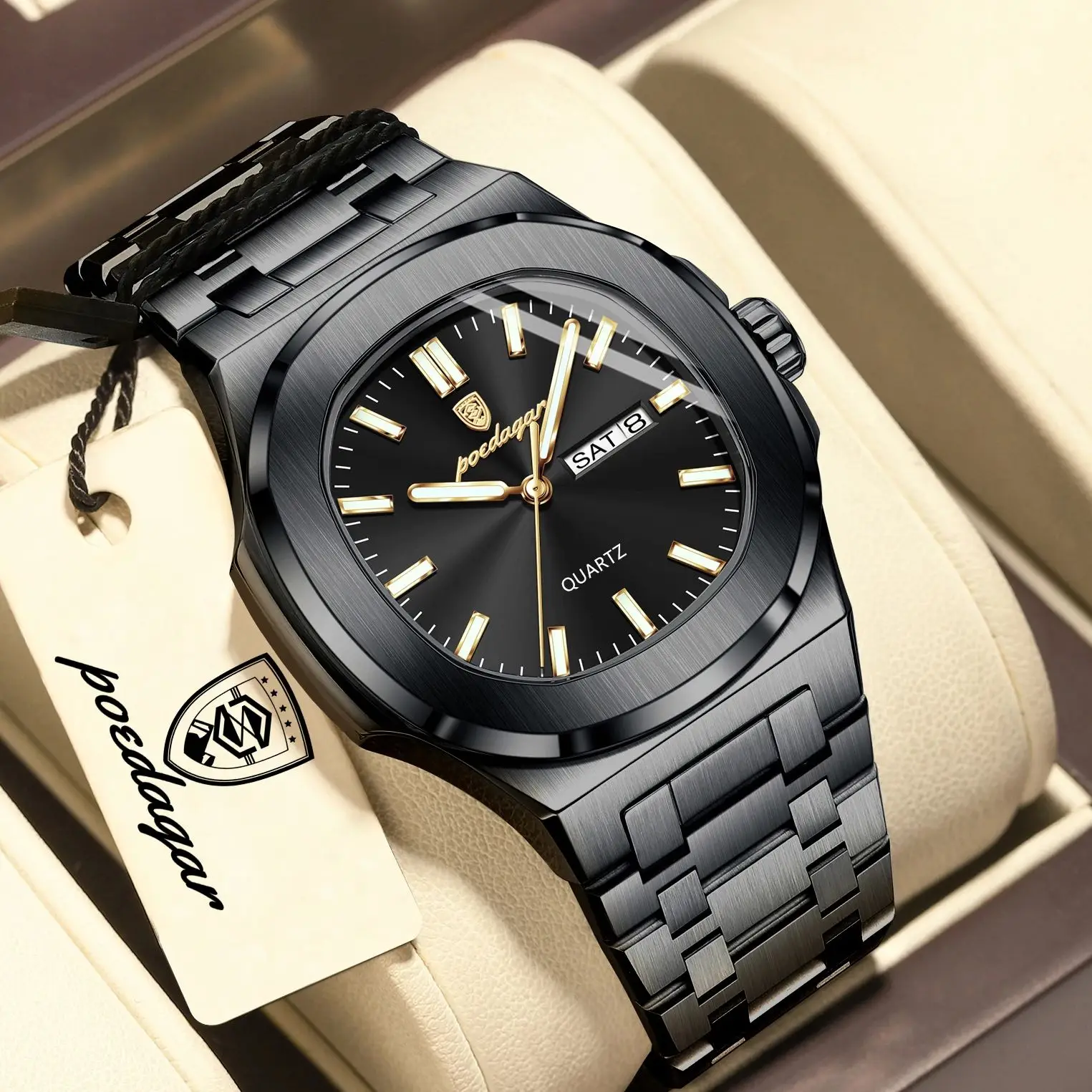 POEDAGAR Couple Watches Square Men's Watches Waterproof Luminous Date Week Stainless Steel Quartz Man Wristwatch with Box Gift