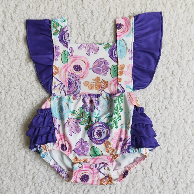 New Summer Baby Girls Water Hibiscus Purple Flower Romper Wholesale Boutique Children Clothes RTS Bodysuit