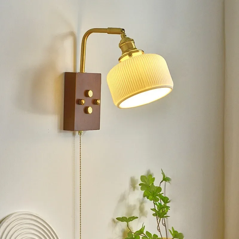 

SANDYHA Vintage Wood Wall Lamp Nordic Ceramic Bedside Light LED Lighting Fixtures For Bedroom Living Room Foyer Home Decoration
