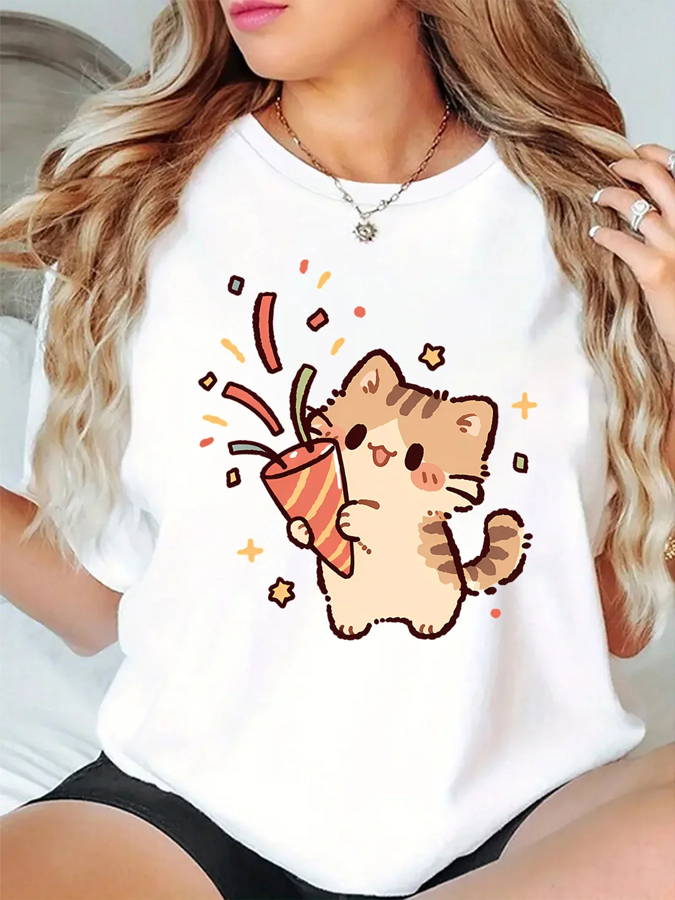 Cute Party Confetti Kitten Cartoon Graphic Womens T Shirt Short Sleeve Crew Neck Festive Animal Casual Daily Ladies Tee Tops