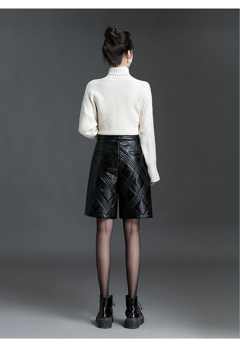 ZUZK Black PU Leather Thick Bermuda Shorts For Women Winter Warm Long Shorts Motorcycle Punk High Waist Bermuda Femme