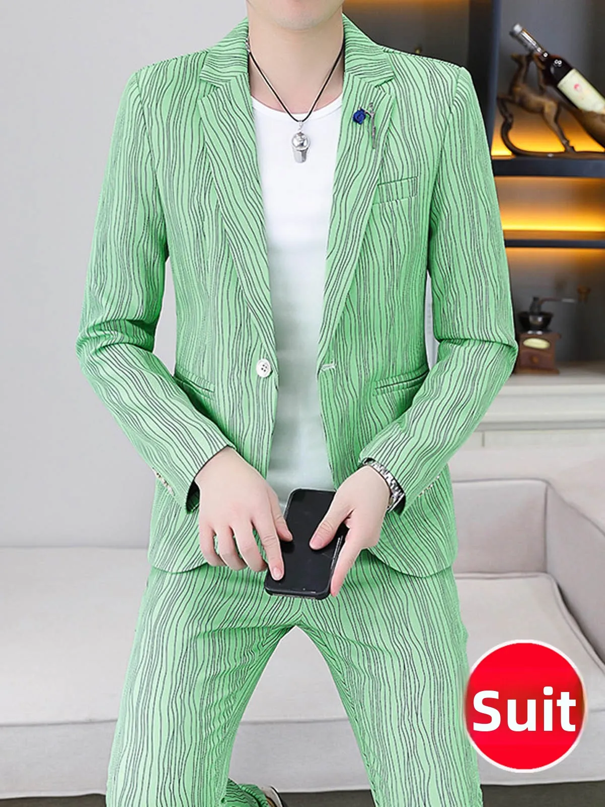 

een Striped Casual Men's Suit Set Faionable Briti Gentleman Two-Piece Suit Busin Casual Sle Regular Fit Long Sve