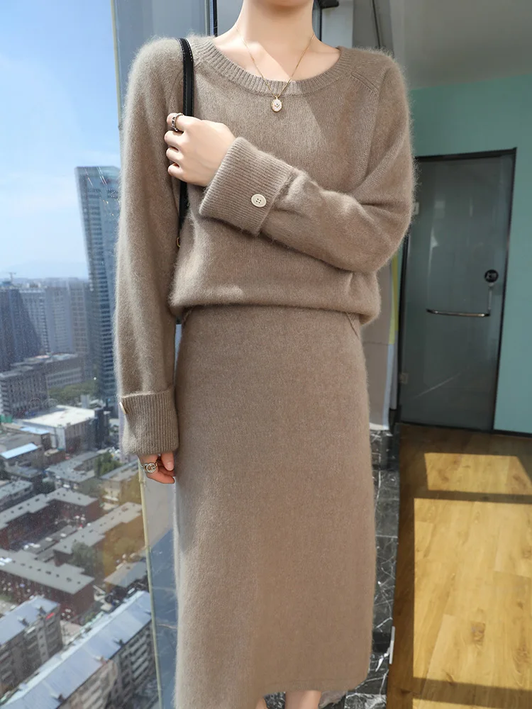 100% Pure Mink Cashmere Knitted Suit Skirt Women O-Neck Long Sleeved Loose Sweater Elastic Waist Medium-Long Skirts Thicken Set