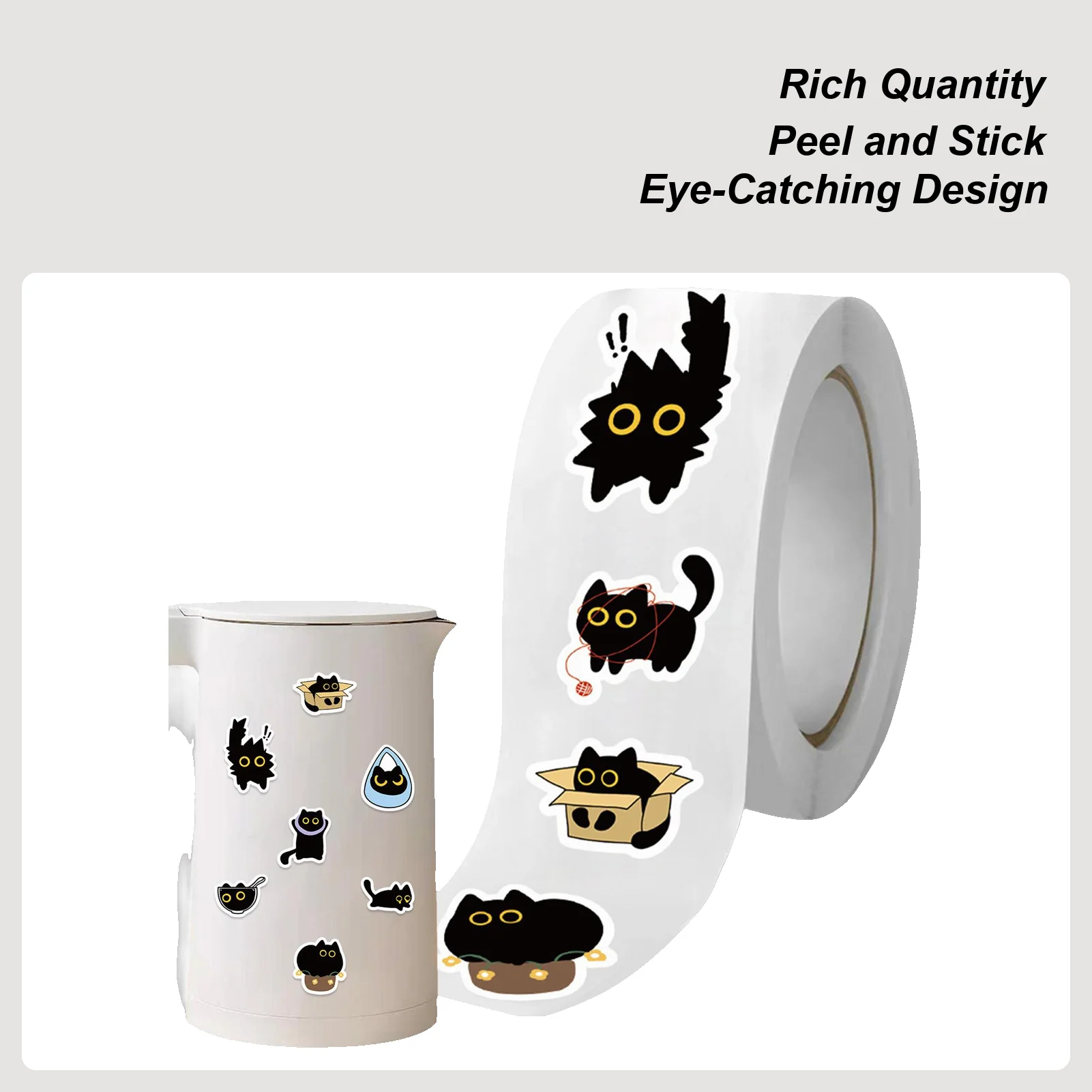 Cat Stickers Roll Funny Cartoon Black Kitten Laptop Stickers 500 Sheet/Roll Aesthetic Cat Decals For Scrapbooking Journal