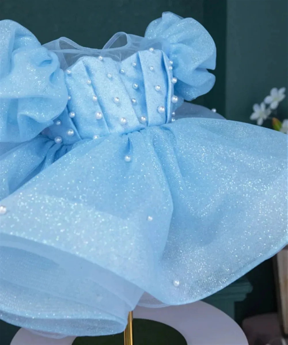 

Cute Customized Flower Girl Wedding Dress Pearls With Bow Puffy Princess Birthday Party Prom Dress First Communion Gown