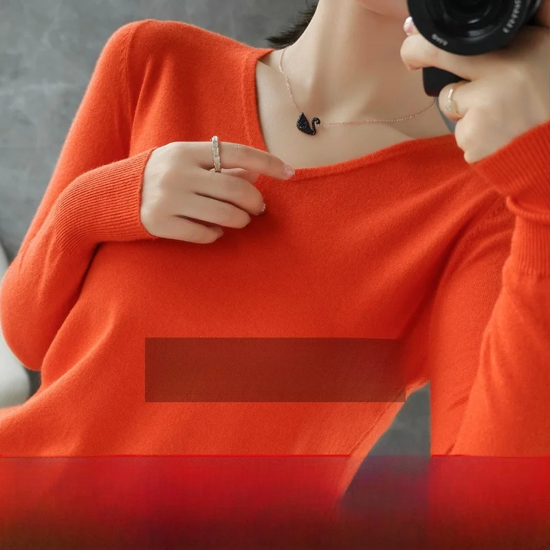 

Off-Season Autumn Winter New Cashmere Sweater Women's V-Neck Short Loose Pure Color Long Sleeve Knitted Base Shirt