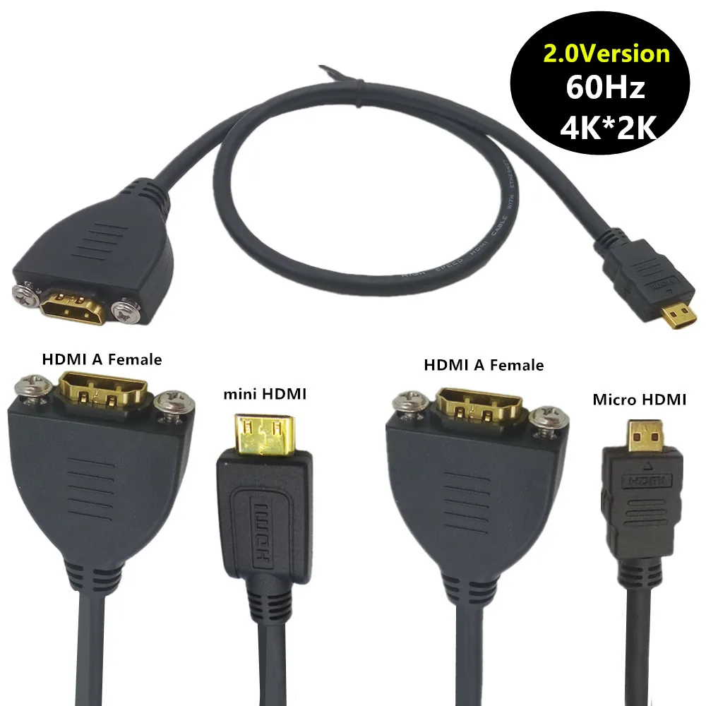 Gold Plated High Speed Micro & mini HDMI Male to HDMI Female Extension Cable with Screw Panel Mount 4K 60Hz 3840*2160 resolution